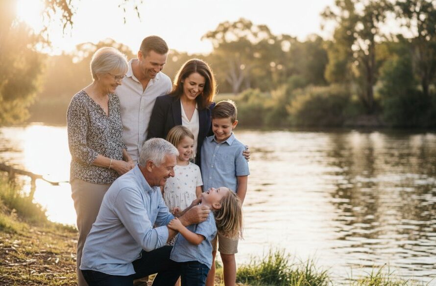 A heartwarming, sun-drenched image of a family laughing genuinely together by the Murray River in Cobram, captured with authentic Cobram candid family photography capturing genuine joy, showcasing pure, unposed emotion during golden hour.