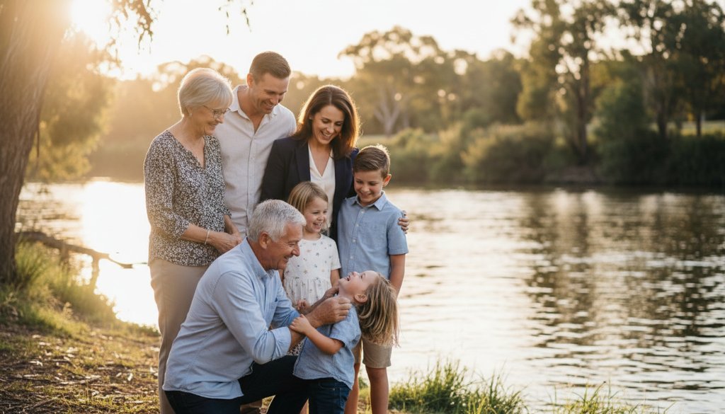 A heartwarming, sun-drenched image of a family laughing genuinely together by the Murray River in Cobram, captured with authentic Cobram candid family photography capturing genuine joy, showcasing pure, unposed emotion during golden hour.