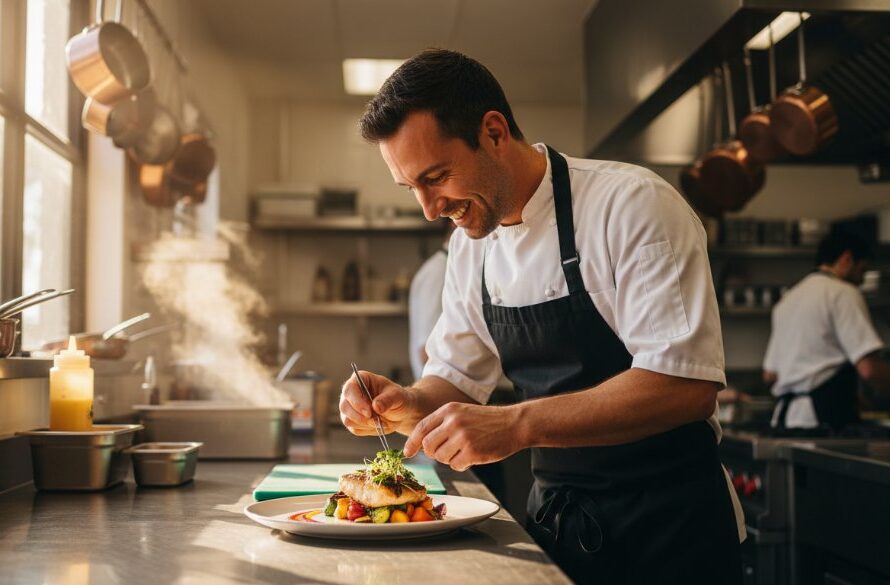 An inspiring wide shot capturing the vibrant activity inside a local Cobram cafe, with the owner proudly showcasing their fresh produce to customers, showcasing exceptional Cobram commercial photography for small businesses with dramatic, warm lighting filtering through the windows.
