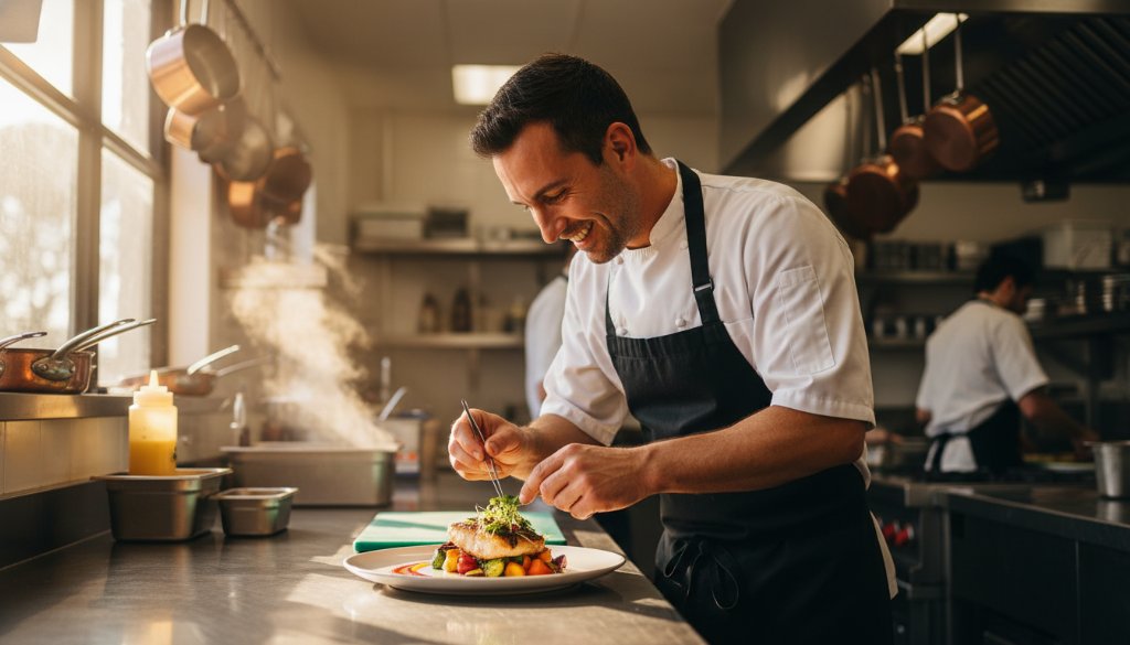 An inspiring wide shot capturing the vibrant activity inside a local Cobram cafe, with the owner proudly showcasing their fresh produce to customers, showcasing exceptional Cobram commercial photography for small businesses with dramatic, warm lighting filtering through the windows.