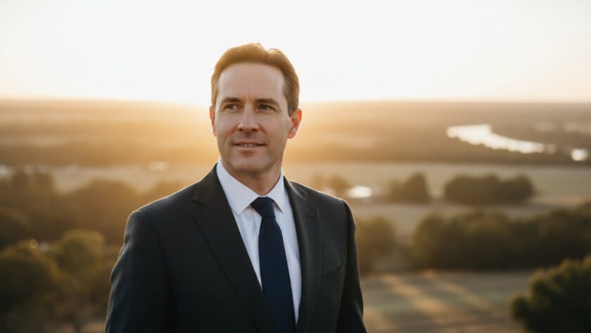 An inspiring close-up of a smiling male professional, dressed in a sharp suit, confidently looking towards the future with the warm, golden light of a Cobram sunrise illuminating his face, capturing exceptional Cobram corporate headshots for local professionals.