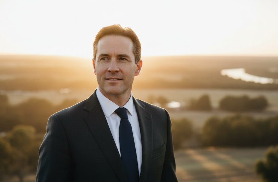 An inspiring close-up of a smiling male professional, dressed in a sharp suit, confidently looking towards the future with the warm, golden light of a Cobram sunrise illuminating his face, capturing exceptional Cobram corporate headshots for local professionals.