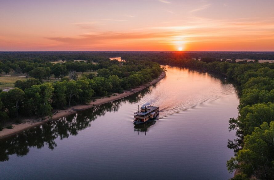An epic moment captured by Cobram drone photography capturing Murray River beauty, showcasing a golden sunset over the serene Murray River with a paddle steamer gracefully navigating the water, framed by lush riverbanks and a vibrant sky, offering a majestic aerial view of the Cobram region.