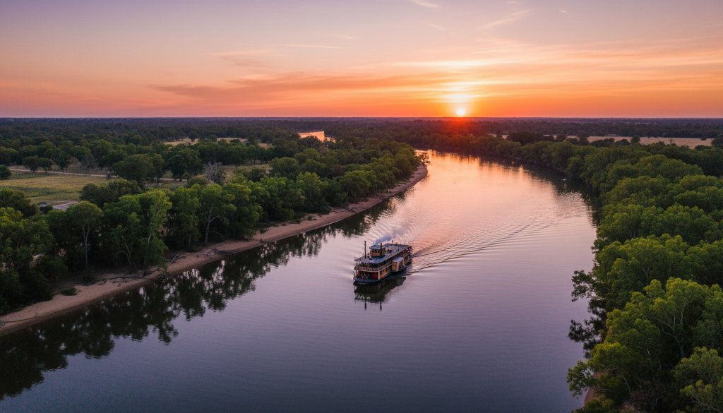 An epic moment captured by Cobram drone photography capturing Murray River beauty, showcasing a golden sunset over the serene Murray River with a paddle steamer gracefully navigating the water, framed by lush riverbanks and a vibrant sky, offering a majestic aerial view of the Cobram region.