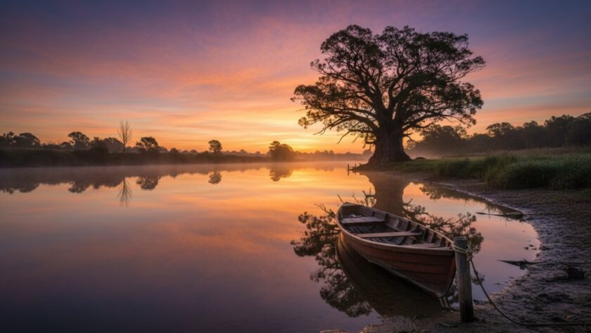 A breathtaking Cobram fine art photography image capturing unique Goulburn River reflections at sunset, with a lone kayaker silhouetted against dramatic orange and purple skies, showcasing the serene beauty of the region.