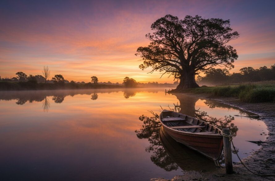 A breathtaking Cobram fine art photography image capturing unique Goulburn River reflections at sunset, with a lone kayaker silhouetted against dramatic orange and purple skies, showcasing the serene beauty of the region.
