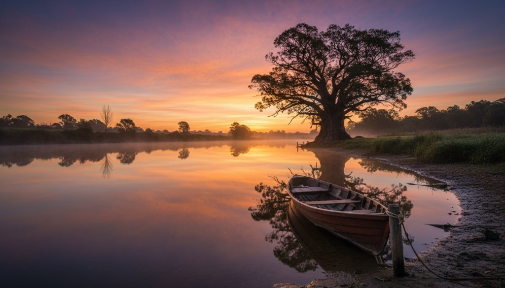 A breathtaking Cobram fine art photography image capturing unique Goulburn River reflections at sunset, with a lone kayaker silhouetted against dramatic orange and purple skies, showcasing the serene beauty of the region.