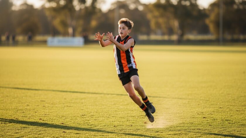 Dynamic shot of a young footballer mid-kick, capturing Cobram junior sports photography action shots with dramatic lighting on a sunny afternoon in Cobram.