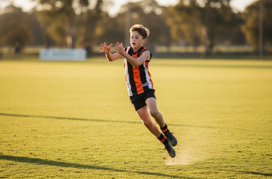 Dynamic shot of a young footballer mid-kick, capturing Cobram junior sports photography action shots with dramatic lighting on a sunny afternoon in Cobram.