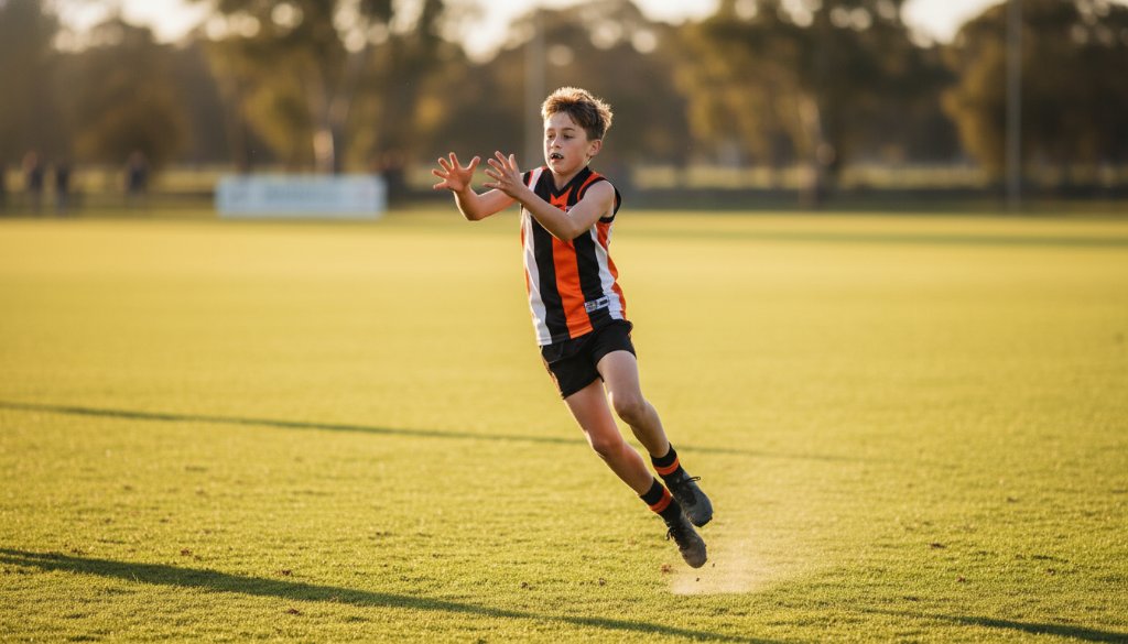 Dynamic shot of a young footballer mid-kick, capturing Cobram junior sports photography action shots with dramatic lighting on a sunny afternoon in Cobram.