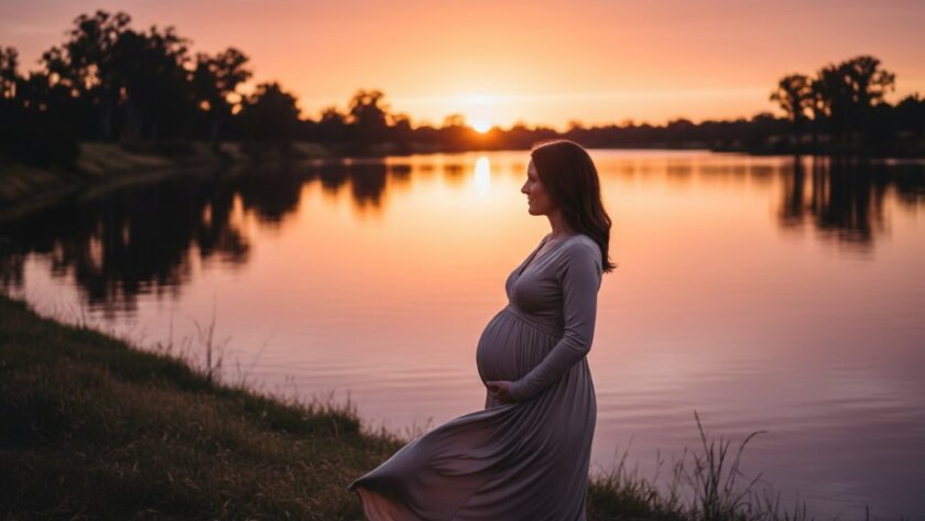 An epic, cinematic maternity photograph featuring an expectant mother silhouetted against a breathtaking River Murray sunset in Cobram, Victoria, Australia, capturing the serene and magical glow of Cobram Maternity Photography River Murray Sunset Magic.