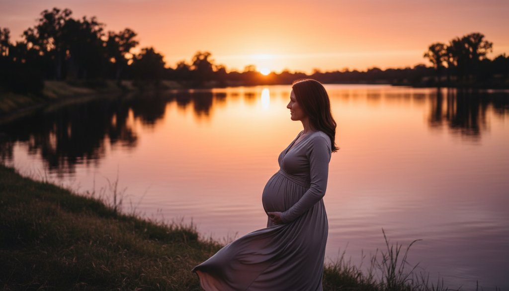 An epic, cinematic maternity photograph featuring an expectant mother silhouetted against a breathtaking River Murray sunset in Cobram, Victoria, Australia, capturing the serene and magical glow of Cobram Maternity Photography River Murray Sunset Magic.