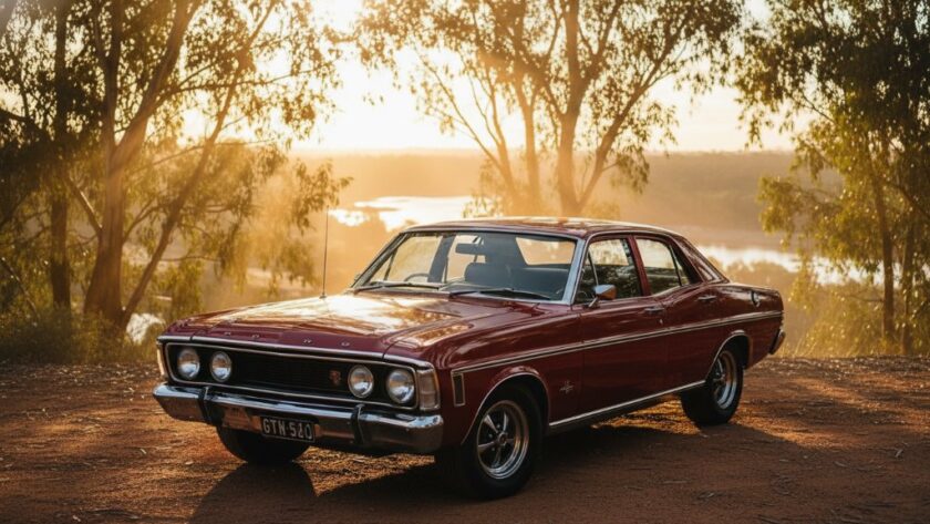 A powerful vintage muscle car, gleaming under the golden hour light, parked beside the serene Murray River in Cobram, showcasing the Cobram Murray River car photoshoot expertise, capturing an epic moment of automotive beauty.