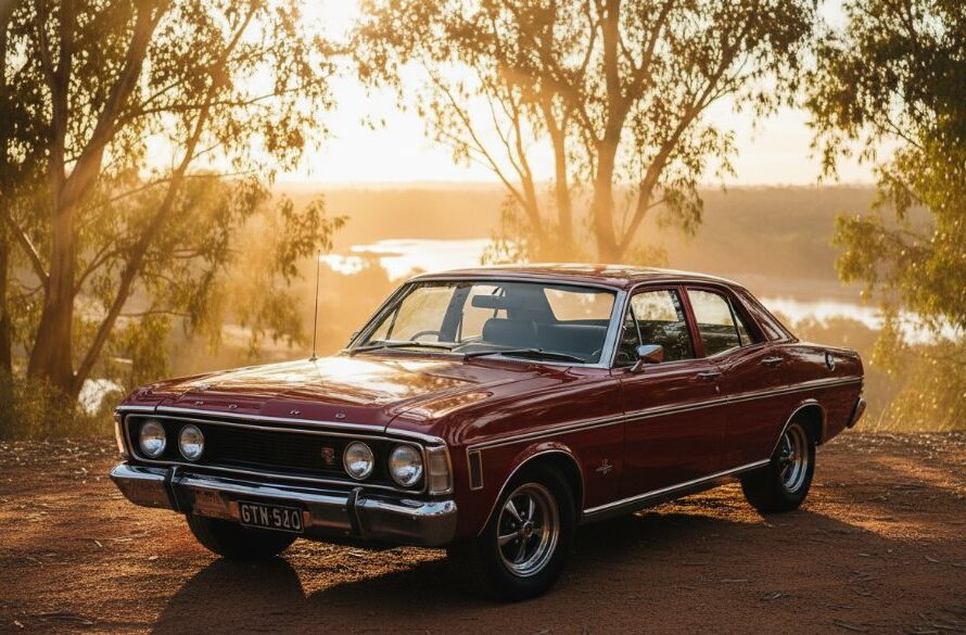 A powerful vintage muscle car, gleaming under the golden hour light, parked beside the serene Murray River in Cobram, showcasing the Cobram Murray River car photoshoot expertise, capturing an epic moment of automotive beauty.