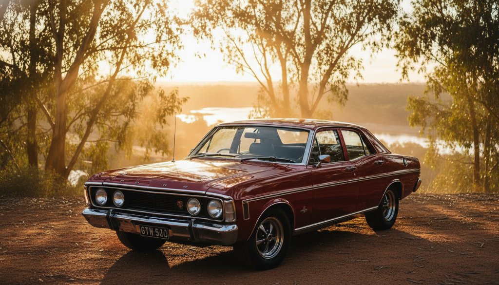 A powerful vintage muscle car, gleaming under the golden hour light, parked beside the serene Murray River in Cobram, showcasing the Cobram Murray River car photoshoot expertise, capturing an epic moment of automotive beauty.