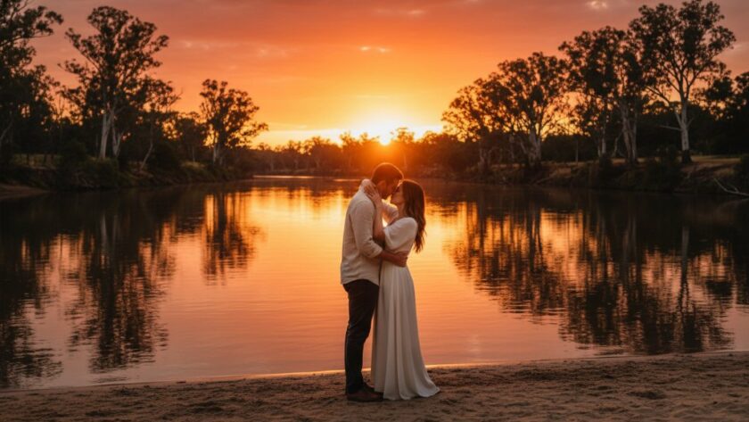 An epic moment photograph showcasing a couple embracing passionately at sunset on the banks of the Murray River in Cobram, Victoria, radiating Cobram Murray River pre-wedding photoshoot inspiration with golden light.
