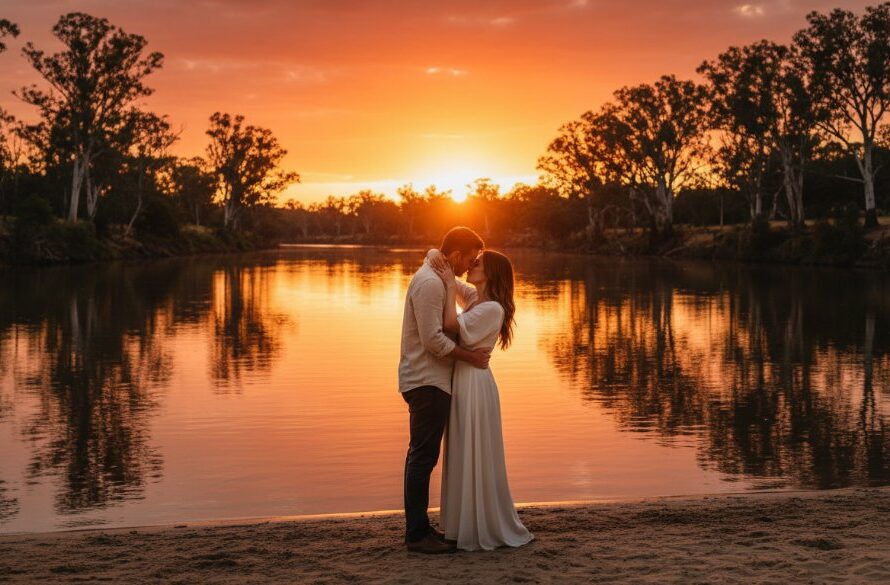 An epic moment photograph showcasing a couple embracing passionately at sunset on the banks of the Murray River in Cobram, Victoria, radiating Cobram Murray River pre-wedding photoshoot inspiration with golden light.