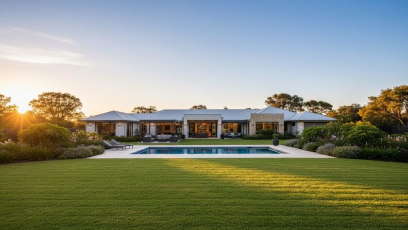 Dramatic golden hour shot of a modern Cobram home with a sparkling pool, reflecting the warm sunset, embodying the serene Cobram real estate photography showcasing lifestyle.