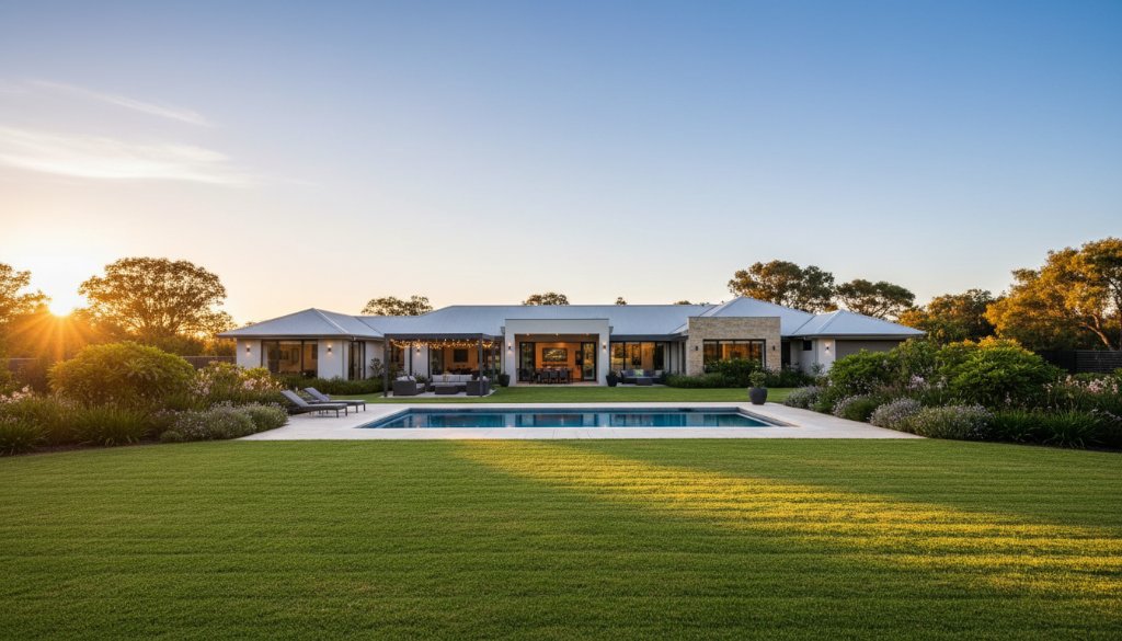 Dramatic golden hour shot of a modern Cobram home with a sparkling pool, reflecting the warm sunset, embodying the serene Cobram real estate photography showcasing lifestyle.