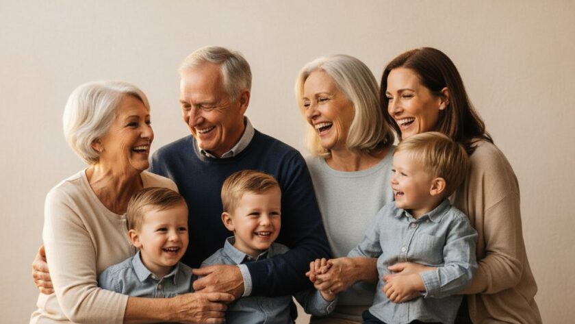 An emotionally resonant 'epic moment' photograph captured during Cobram Studio Photography for Modern Family Portraits, showcasing a family laughing joyously in a beautifully lit studio, highlighting their genuine connection and happiness.