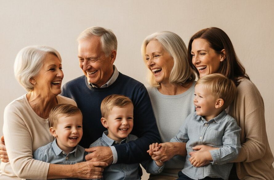 An emotionally resonant 'epic moment' photograph captured during Cobram Studio Photography for Modern Family Portraits, showcasing a family laughing joyously in a beautifully lit studio, highlighting their genuine connection and happiness.