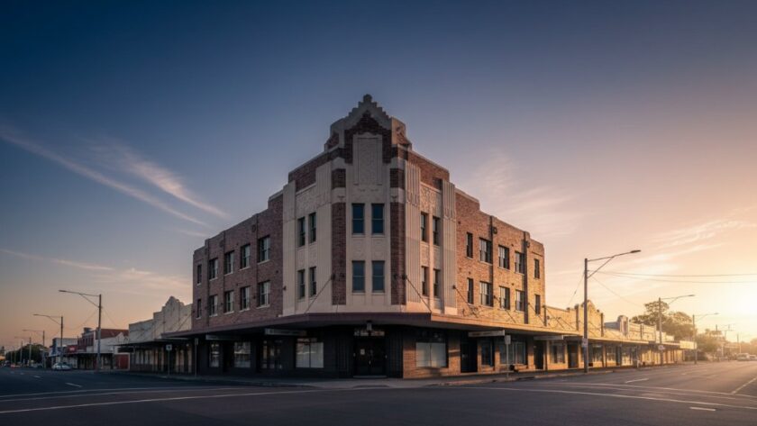 An epic moment of Cobram Victoria Art Deco Architecture Photography: a historic Cobram building at dawn, bathed in soft, ethereal light, highlighting its geometric lines and classic facade with a professional, cinematic touch.