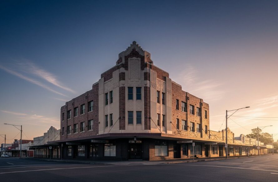 An epic moment of Cobram Victoria Art Deco Architecture Photography: a historic Cobram building at dawn, bathed in soft, ethereal light, highlighting its geometric lines and classic facade with a professional, cinematic touch.