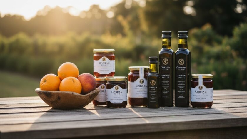 Dramatic, professionally colour-graded image of gourmet preserves from a Cobram Victoria artisan food product photography shoot, beautifully arranged with warm, natural light highlighting their textures against a rustic, local backdrop.