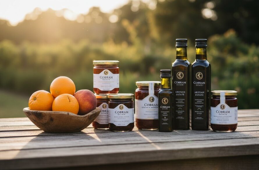 Dramatic, professionally colour-graded image of gourmet preserves from a Cobram Victoria artisan food product photography shoot, beautifully arranged with warm, natural light highlighting their textures against a rustic, local backdrop.