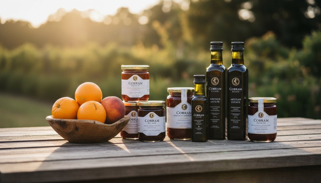 Dramatic, professionally colour-graded image of gourmet preserves from a Cobram Victoria artisan food product photography shoot, beautifully arranged with warm, natural light highlighting their textures against a rustic, local backdrop.