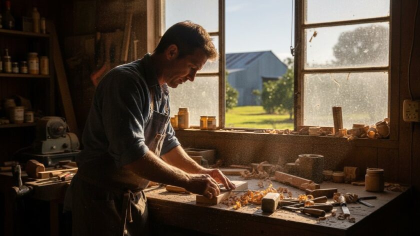 A professional editorial photograph showcasing an authentic storytelling moment, featuring a local Cobram artisan passionately crafting bespoke goods in their sunlit workshop, highlighting Cobram Victoria Editorial Photography for Authentic Storytelling with dramatic, warm lighting and rich colours.