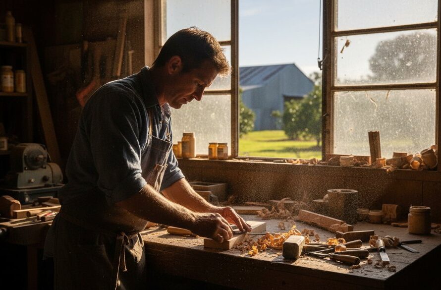 A professional editorial photograph showcasing an authentic storytelling moment, featuring a local Cobram artisan passionately crafting bespoke goods in their sunlit workshop, highlighting Cobram Victoria Editorial Photography for Authentic Storytelling with dramatic, warm lighting and rich colours.
