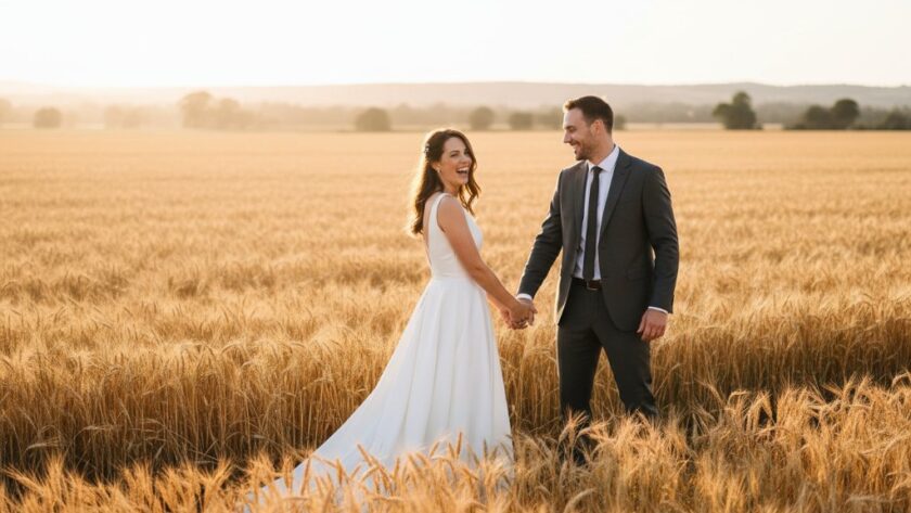 An epic wide shot of a newly married couple sharing a Cobram wedding photography joyful moment, laughing as they walk hand-in-hand through a sun-drenched orchard at sunset, with golden light illuminating their faces and the abundant fruit trees around them, showcasing the region's natural beauty and their pure happiness.