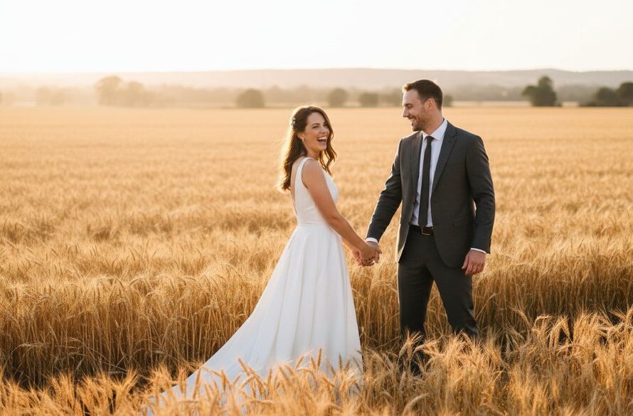 An epic wide shot of a newly married couple sharing a Cobram wedding photography joyful moment, laughing as they walk hand-in-hand through a sun-drenched orchard at sunset, with golden light illuminating their faces and the abundant fruit trees around them, showcasing the region's natural beauty and their pure happiness.