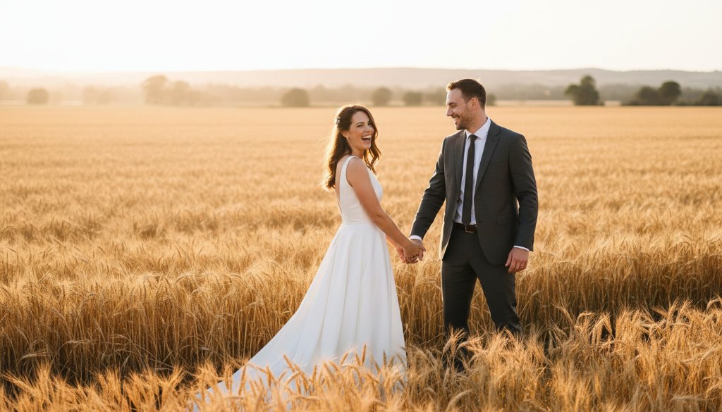 An epic wide shot of a newly married couple sharing a Cobram wedding photography joyful moment, laughing as they walk hand-in-hand through a sun-drenched orchard at sunset, with golden light illuminating their faces and the abundant fruit trees around them, showcasing the region's natural beauty and their pure happiness.