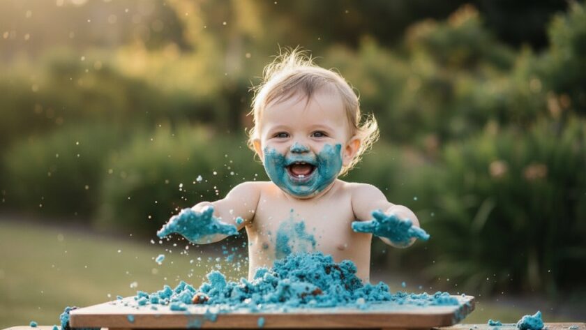 A joyous and messy moment during Cobram's first birthday cake smash photography, featuring a delighted baby covered in blue icing, laughing amidst a whimsical outdoor setup with golden hour light.