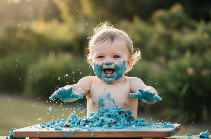 A joyous and messy moment during Cobram's first birthday cake smash photography, featuring a delighted baby covered in blue icing, laughing amidst a whimsical outdoor setup with golden hour light.