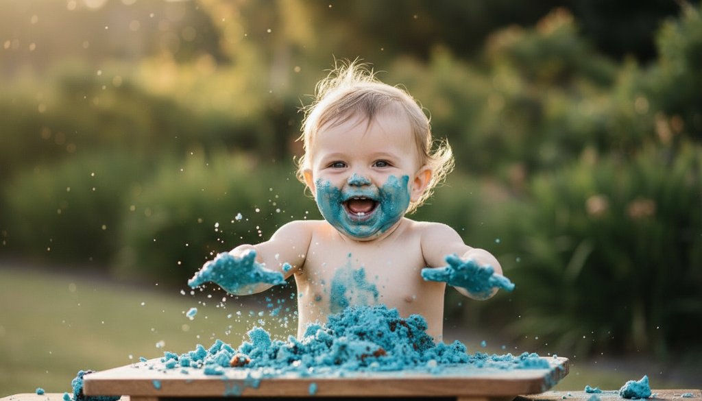 A joyous and messy moment during Cobram's first birthday cake smash photography, featuring a delighted baby covered in blue icing, laughing amidst a whimsical outdoor setup with golden hour light.