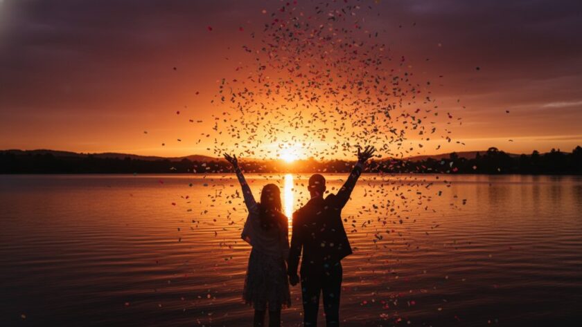 A triumphant and joy-filled wide shot showing a couple raising their hands in celebration amidst confetti at an outdoor event near Lake Colac, professionally captured for Colac Event Photography Capturing Genuine Celebrations, showcasing dramatic sunset lighting and authentic emotion.