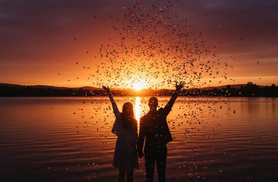A triumphant and joy-filled wide shot showing a couple raising their hands in celebration amidst confetti at an outdoor event near Lake Colac, professionally captured for Colac Event Photography Capturing Genuine Celebrations, showcasing dramatic sunset lighting and authentic emotion.