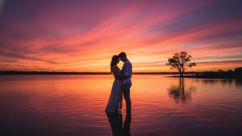 An epic moment captured through Colac fine art photography, depicting a couple embracing dramatically by the serene shores of Lake Colac at sunset, with golden light illuminating their intimate connection.