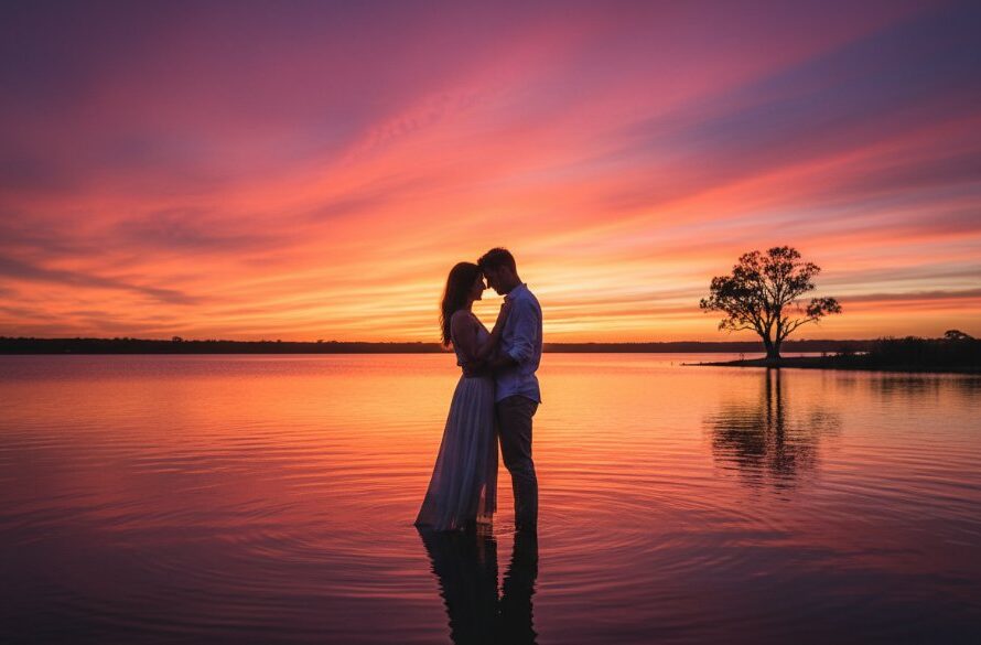 An epic moment captured through Colac fine art photography, depicting a couple embracing dramatically by the serene shores of Lake Colac at sunset, with golden light illuminating their intimate connection.