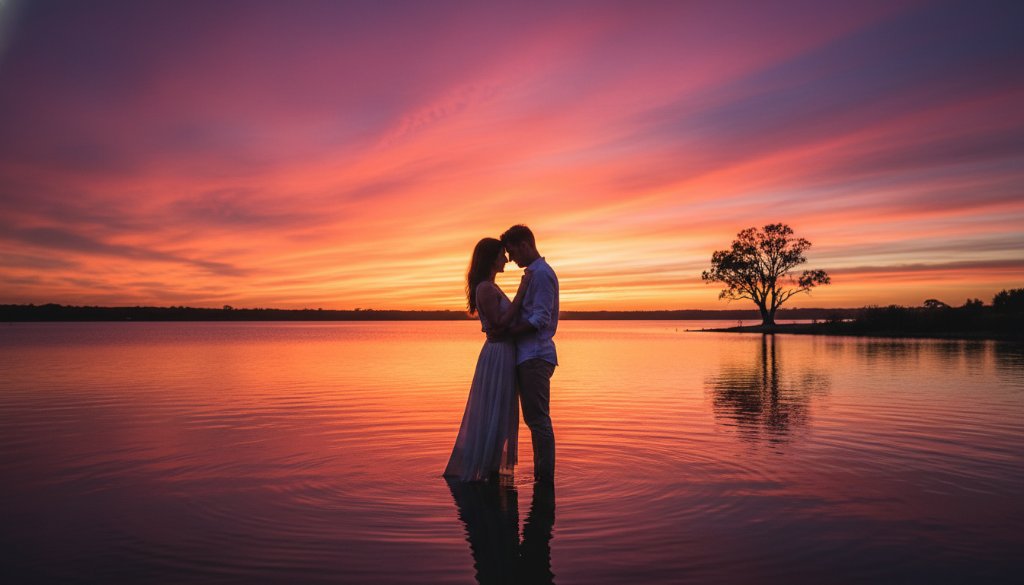 An epic moment captured through Colac fine art photography, depicting a couple embracing dramatically by the serene shores of Lake Colac at sunset, with golden light illuminating their intimate connection.