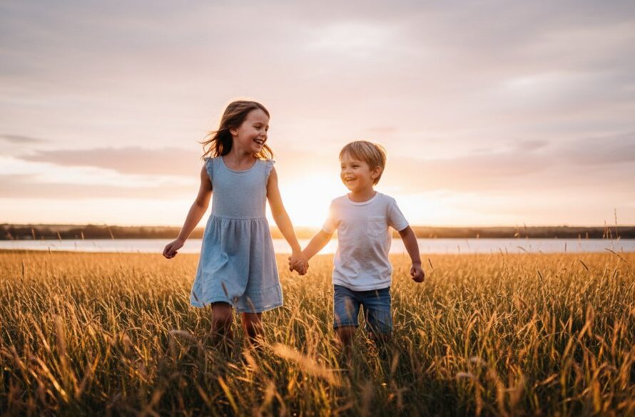 An epic moment in Colac kids photography vibrant outdoor sessions, featuring two children laughing joyfully while running through a sun-drenched field near Lake Colac, their expressions full of unbridled happiness, captured with a professional and cinematic feel.