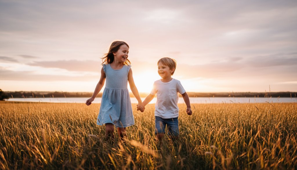 An epic moment in Colac kids photography vibrant outdoor sessions, featuring two children laughing joyfully while running through a sun-drenched field near Lake Colac, their expressions full of unbridled happiness, captured with a professional and cinematic feel.