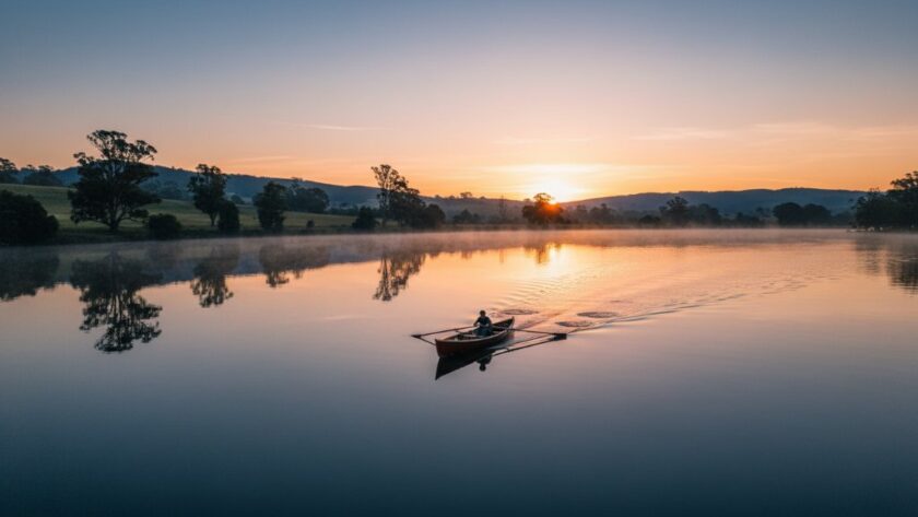 An epic aerial photograph showcasing the vast, shimmering expanse of Colac Lake at sunrise, with the vibrant landscape surrounding it, captured by Colac Lake professional drone photography for stunning aerial perspectives.