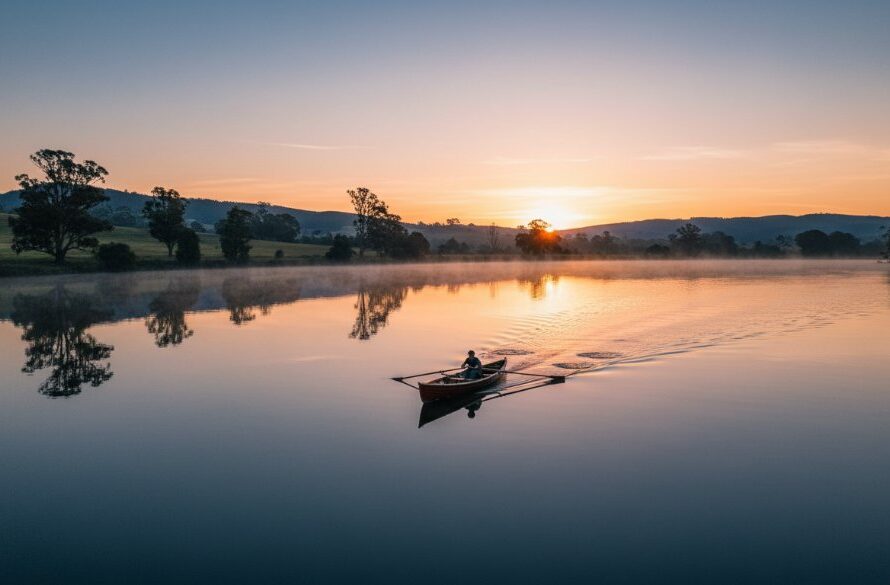An epic aerial photograph showcasing the vast, shimmering expanse of Colac Lake at sunrise, with the vibrant landscape surrounding it, captured by Colac Lake professional drone photography for stunning aerial perspectives.