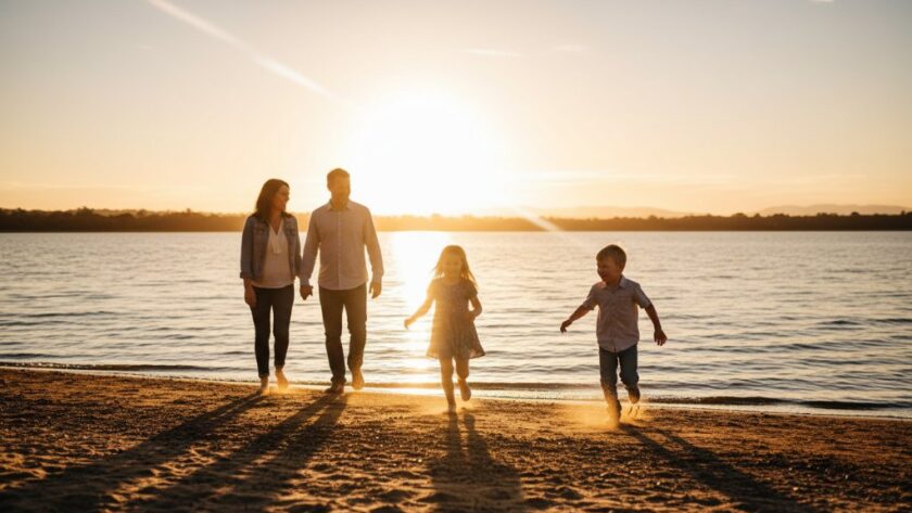 A family of four, parents laughing as their two young children run towards Lake Colac during a golden hour Colac lakeside family photography session, with dramatic light and professional colour grading.