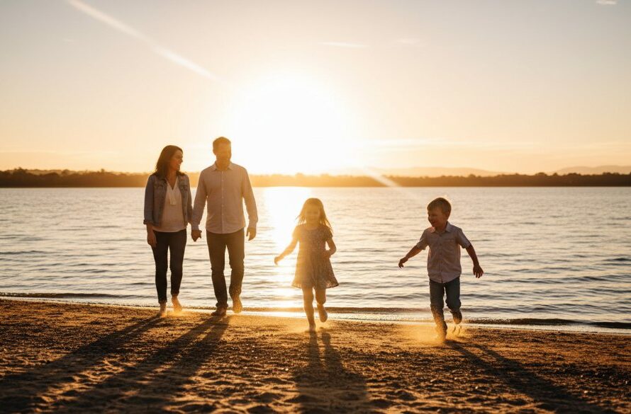 A family of four, parents laughing as their two young children run towards Lake Colac during a golden hour Colac lakeside family photography session, with dramatic light and professional colour grading.