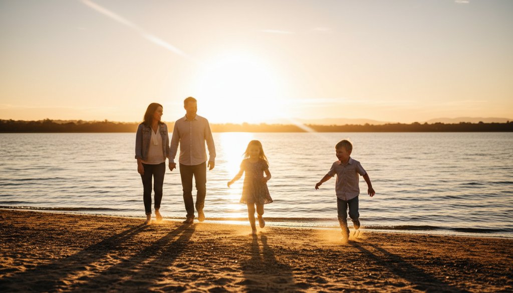 A family of four, parents laughing as their two young children run towards Lake Colac during a golden hour Colac lakeside family photography session, with dramatic light and professional colour grading.